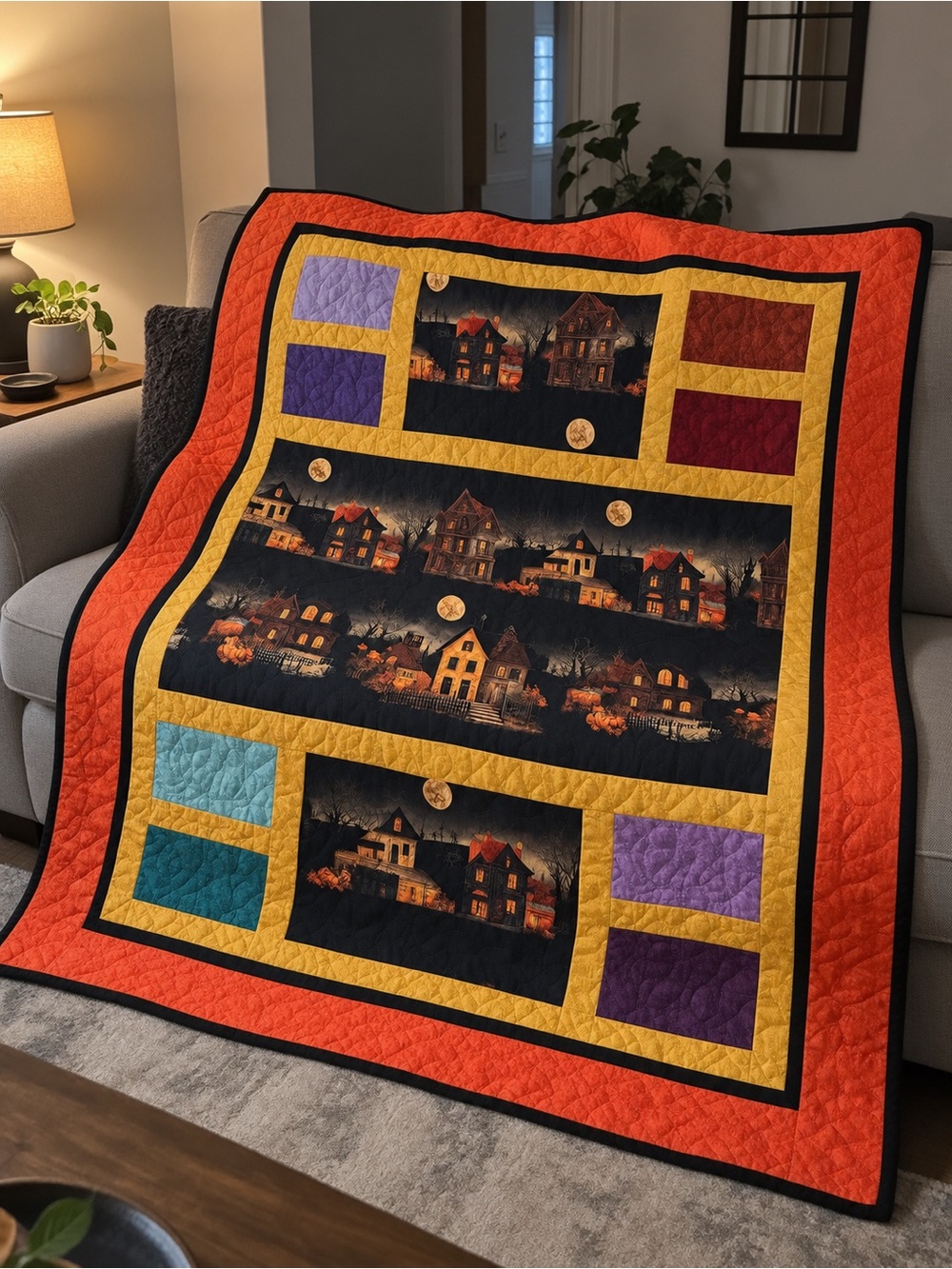New Handmade Halloween Haunted House Quilt 55x64 Butterbean Quilts